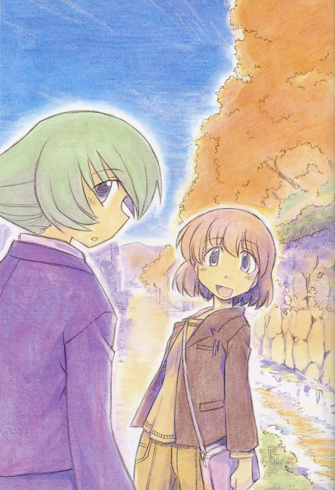 00s, 2girls, :d, asakura_soyogi, autumn_leaves, bag, blue_eyes, brown_hair