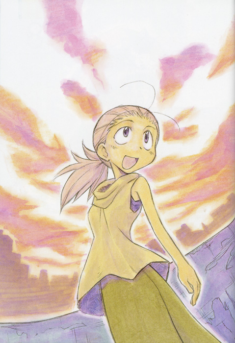 00s, 1girl, female_focus, kamiya_asaka, open_mouth, ponytail, scan, sketchbook_full_colors