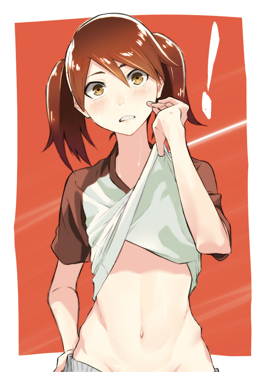 !, 10s, 1girl, alternate_costume, blush, brown_eyes, brown_hair, clothes_lift, female_focus, gym_uniform, hair_between_eyes, highres, kantai_collection, kofunami_nana, lifting_own_clothes, looking_at_viewer, midriff, navel, ryuujou_(kancolle), shirt_lift, solo, standing, sweat, twintails, undressing