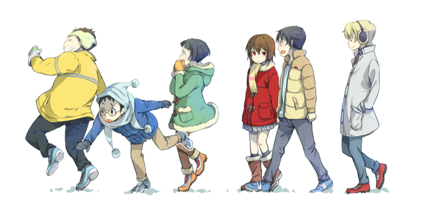 10s, 1girl, 5boys, :d, :o, ^_^, arms_at_sides, beanie