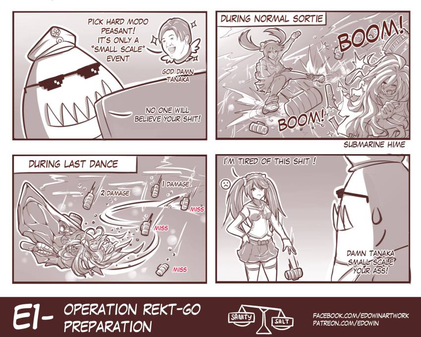 10s, 1boy, 2girls, 4koma, admiral_(kancolle), comic, depth_charge, dota_(series)