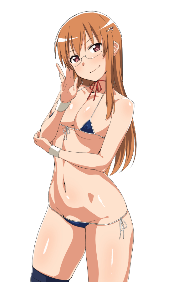 1girl, adjusting_eyewear, asymmetrical_legwear, bikini, black_thighhighs, blue_bikini, blush, breasts, brown_eyes, brown_hair, choker, covered_erect_nipples, female_focus, front-tie_top, glasses, hair_ornament, hairclip, halterneck, loliconder, looking_at_viewer, medium_breasts, micro_bikini, mikakunin_de_shinkoukei, navel, neck_ribbon, ribbon, ribbon_choker, shiny_skin, side-tie_bikini_bottom, simple_background, single_thighhigh, skindentation, smile, solo, string_bikini, swimsuit, thighhighs, uneven_legwear, white_background, wrist_cuffs, yonomori_benio