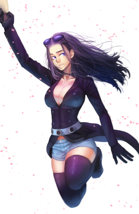 1girl, belt, black_gloves, black_hair, black_jacket, blue_eyes, breasts, bursting_breasts, cleavage, coat, collarbone, eyewear_on_head, female_focus, glasses, gloves, hanging, hannitee, jacket, long_hair, long_sleeves, nico_robin, one_piece, one_piece_film:_gold, parted_lips, petals, short_shorts, shorts, simple_background, solo, sunglasses, thighhighs, white_background