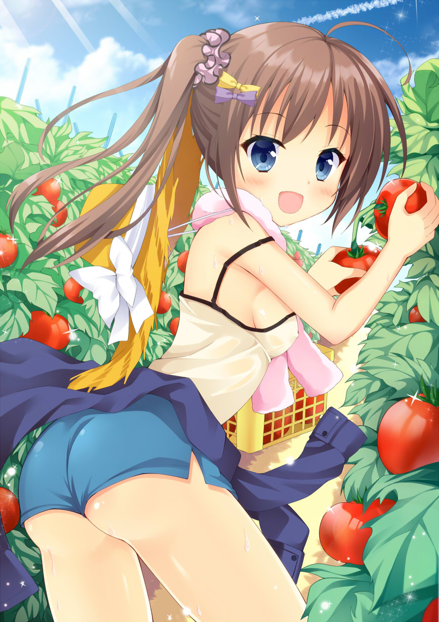 1girl, :d, ahoge, ass, bare_arms, basket, blue_eyes, blue_shorts, blush, bow, breasts, brown_hair, camisole, clothes_around_waist, cloud, contrail, cowboy_shot, day, diffraction_spikes, female_focus, food, from_behind, fruit, hair_bow, hair_ornament, hair_scrunchie, hat, highres, holding, holding_food, holding_fruit, leaning_forward, light_rays, long_hair, looking_at_viewer, looking_back, maccha, open_mouth, original, outdoors, plant, purple_bow, scrunchie, shirt, shirt_around_waist, short_shorts, shorts, side_ponytail, sideboob, sky, small_breasts, smile, solo, sparkle, strap_slip, straw_hat, sunbeam, sunlight, sweat, thighs, tomato, top_of_moe_2016, towel, towel_around_neck, unworn_headwear, yellow_bow