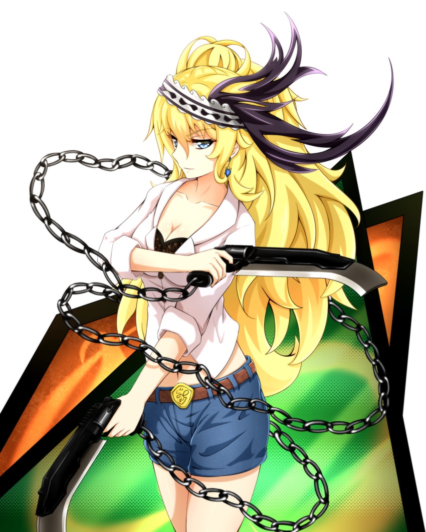 00s, 1girl, absurdres, blonde_hair, blue_eyes, blue_shorts, breasts, chain
