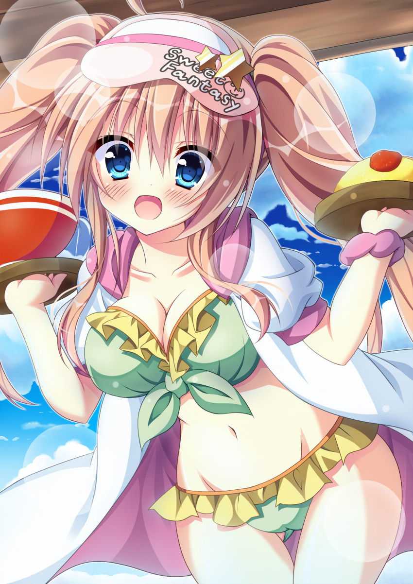 1girl, bikini, blue_eyes, bowl, breasts, brown_hair, cleavage, female_focus, highres, jyon1008, large_breasts, long_hair, original, solo, swimsuit, top_of_moe_2016, tray, twintails, visor_cap, waitress