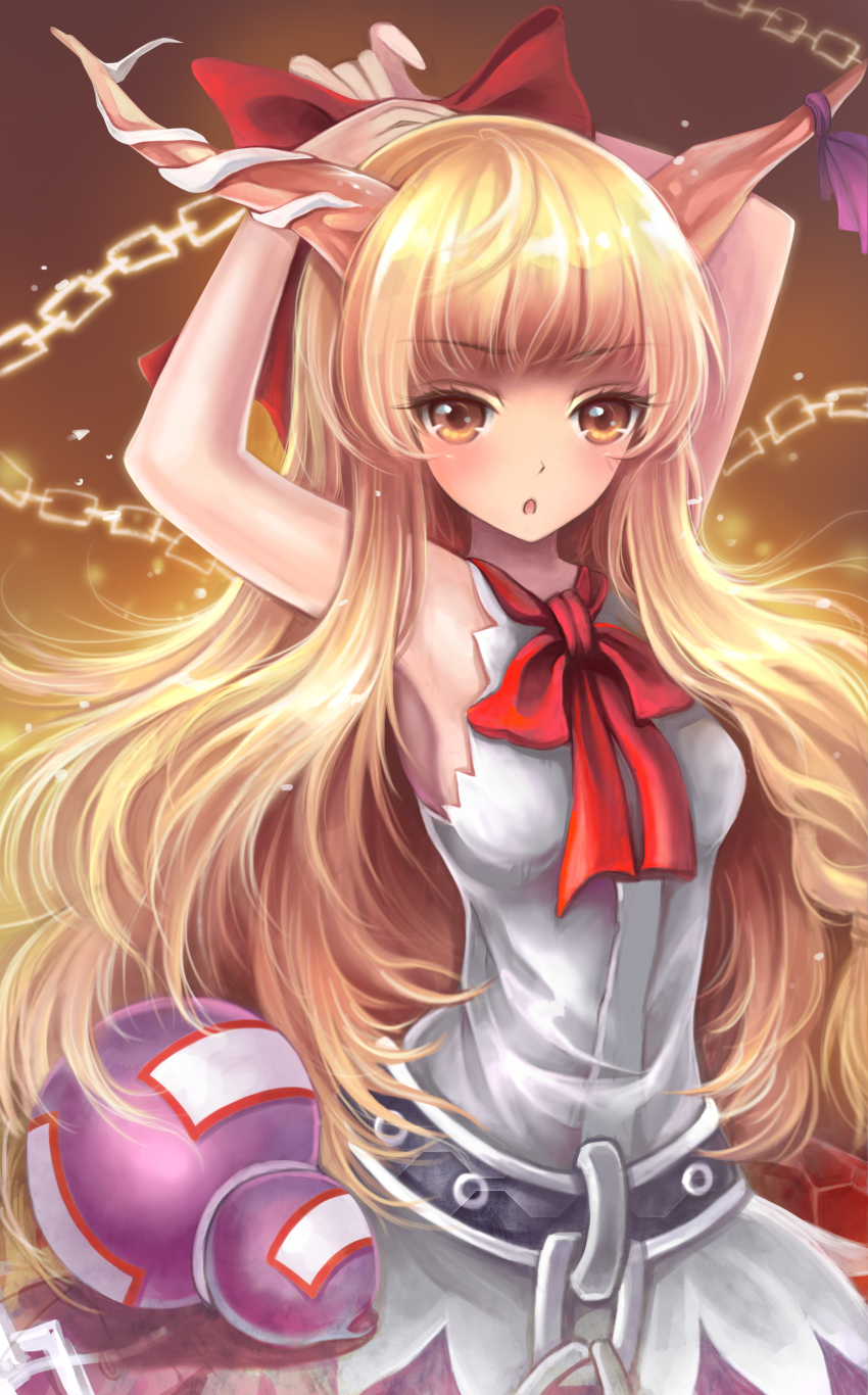 1girl, absurdres, arms_up, belt, blush, brown_eyes, chain, female_focus