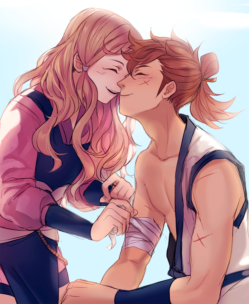 1boy, 1girl, ^_^, bandages, brown_hair, closed_eyes, fire_emblem, fire_emblem_fates