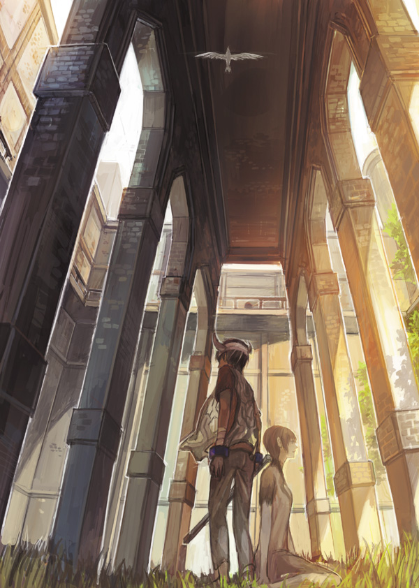 1boy, 1girl, bird, foreshortening, grass, headband, ico, ico_(character)