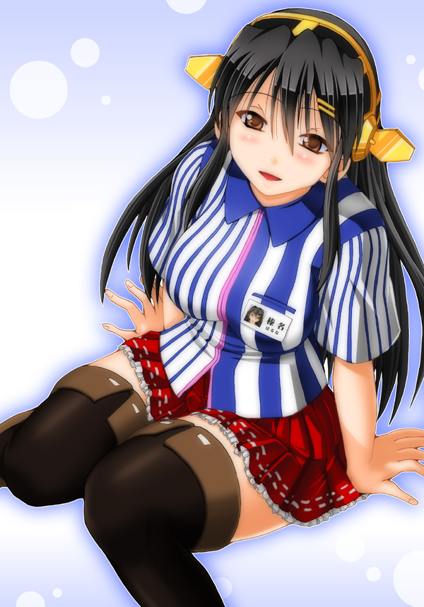 10s, 1girl, alternate_costume, black_boots, black_hair, black_thighhighs, boots, employee_uniform