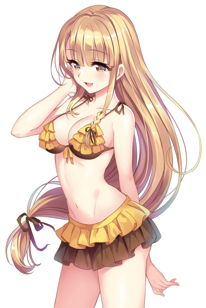 10s, 1girl, arm_up, bad_id, bad_pixiv_id, bikini, blonde_hair, blunt_bangs
