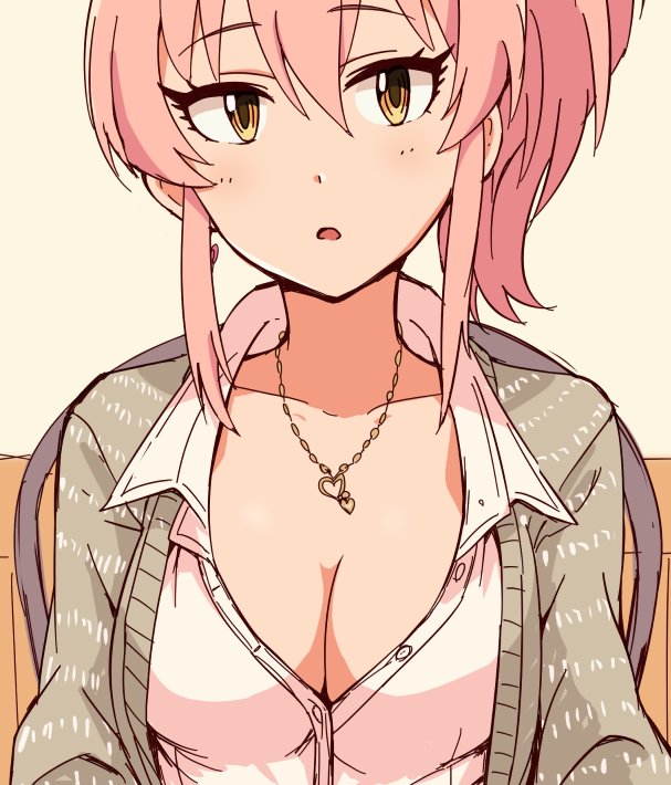 10s, 1girl, :o, blush, breasts, cardigan, chair, cleavage