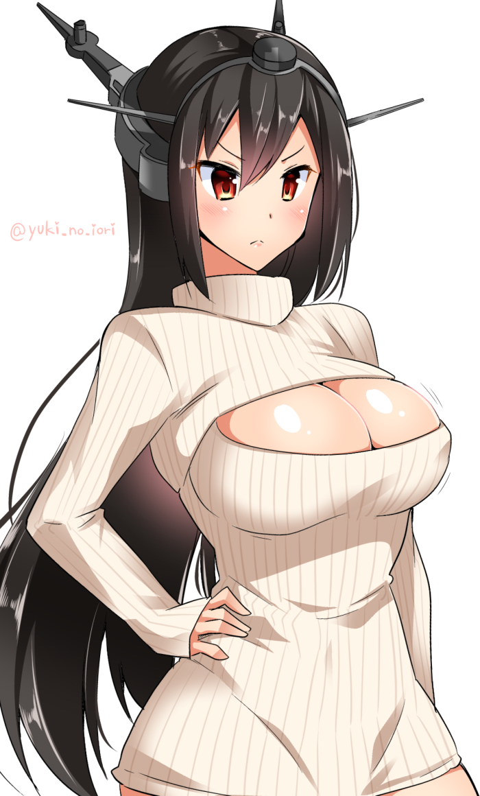10s, 1girl, black_hair, blush, breasts, cleavage, cleavage_cutout, closed_mouth