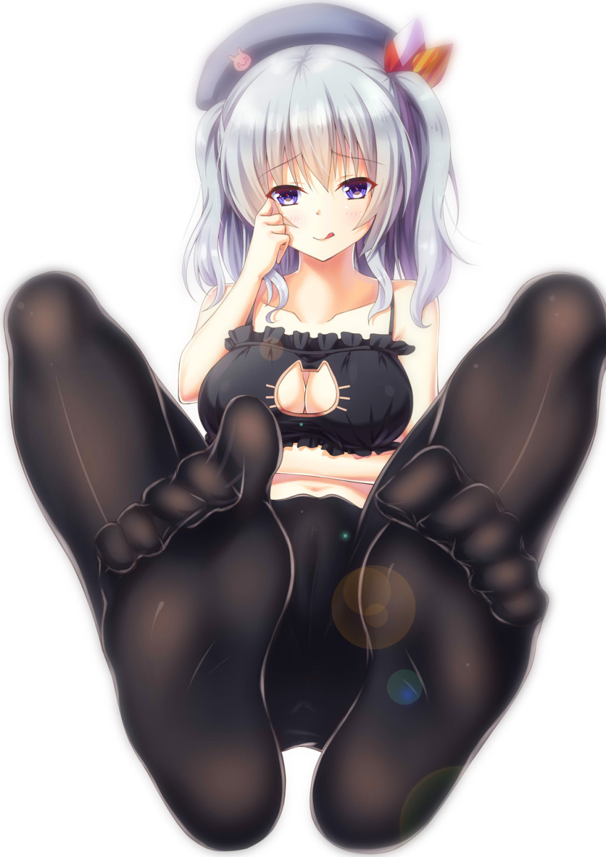 10s, 1girl, :q, alternate_costume, ame_wa_a_ga_tsutano?, beret, black_pantyhose, blurry, blush, bokeh, breast_hold, breasts, cameltoe, cat_cutout, cat_lingerie, cleavage, cleavage_cutout, clothing_cutout, collarbone, crotch_seam, depth_of_field, eyebrows, feet, female_focus, flower, foot_focus, from_below, full_body, hand_on_own_face, hat, highres, kantai_collection, kashima_(kancolle), large_breasts, lens_flare, long_hair, looking_at_viewer, navel, no_pants, no_shoes, pantyhose, silver_hair, simple_background, soles, solo, stomach, striped, toes, tongue, tongue_out, two_side_up, white_background
