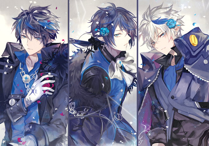 3boys, black_hair, blue_eyes, blue_hair, blue_rose, blue_shirt, bow, chain, ciel_(elsword), coat, column_lineup, demon_power_(elsword), dreadlord_(elsword), elsword, expressionless, flower, gloves, grey_background, hair_flower, hair_ornament, loble, male_focus, messy_hair, multicolored_hair, multiple_boys, multiple_persona, pointy_ears, rose, royal_guard_(elsword), shirt, streaked_hair, two-tone_hair, upper_body, white_bow, white_gloves, white_hair