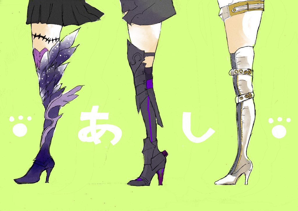 10s, 3girls, armor, ate_(series), belt, black_footwear, black_legwear, boots, brynhild_(fate), brunhilda_(mythology), fate/extra, fate/extra_ccc, fate/grand_order, fate/prototype, fate/prototype:_fragments_of_blue_and_silver, fate_(series), feather_trim, greaves, green_background, high_heel_boots, high_heels, legs, mash_kyrielight, mash_kyrielight_(demi-servant), multiple_girls, nero_claudius_(bride)_(fate), nero_claudius_(bride)_(third_ascension)_(fate), nero_claudius_(fate), paw_print, simple_background, skirt, thigh_boots, thighhighs, white_footwear, white_legwear, wow_(wose219), zipper