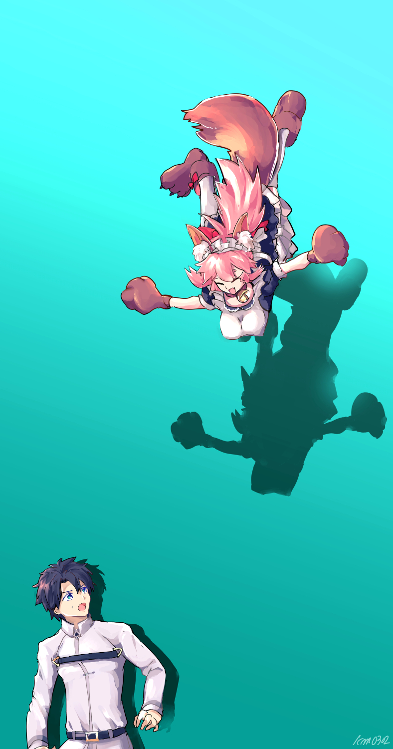 1boy, 1girl, animal_ears, bad_id, bad_pixiv_id, bell, black_hair, breasts