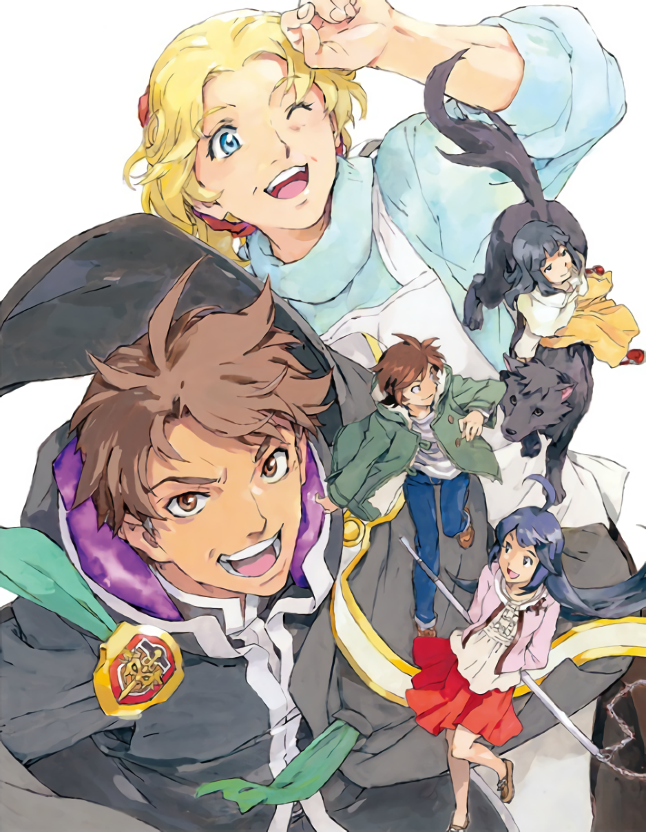 1boy, 3girls, ahoge, apron, black_hair, blonde_hair, blue_eyes, brown_eyes