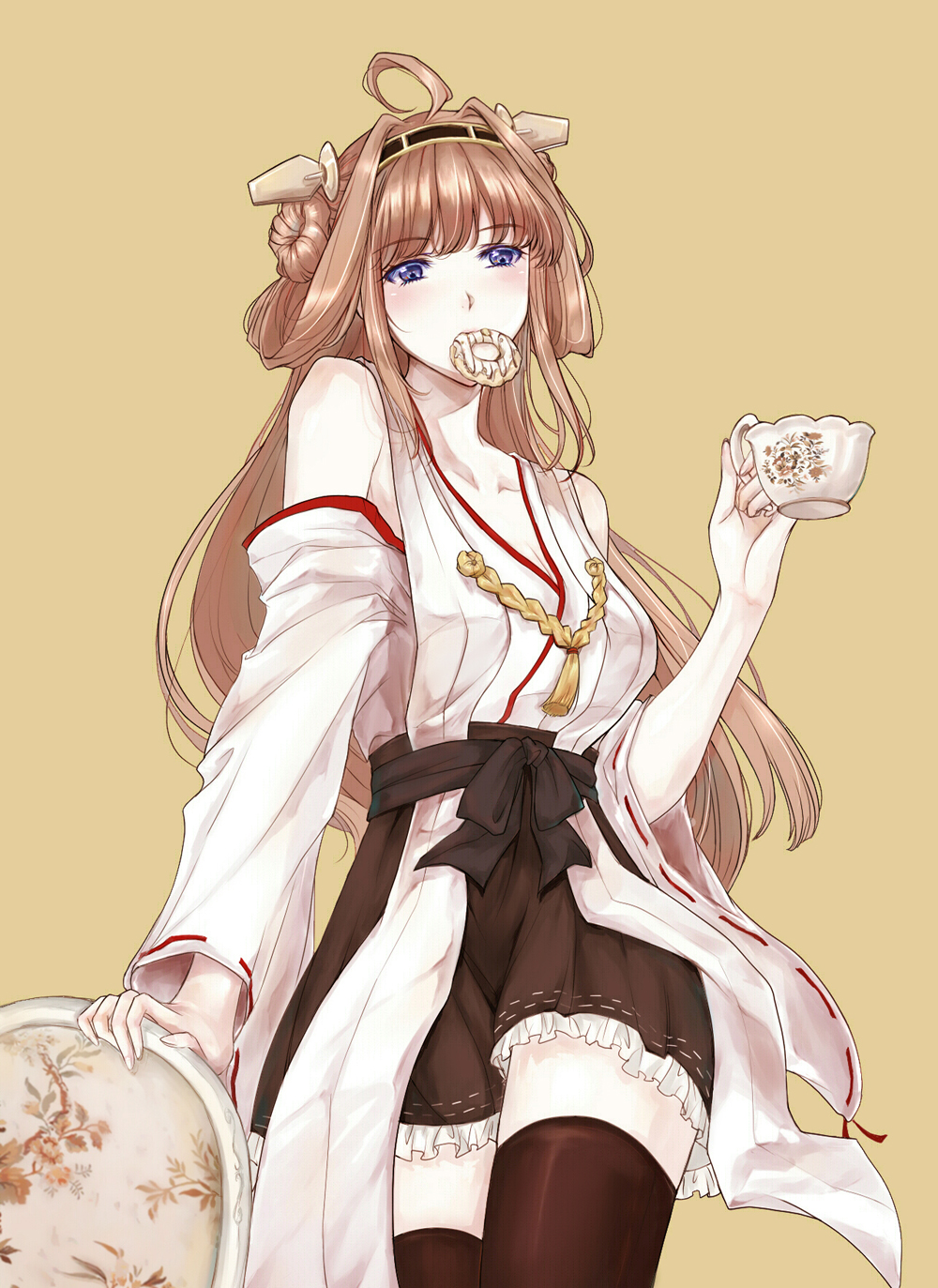 10s, 1girl, bare_shoulders, black_thighhighs, brown_hair, covered_mouth, cup, double_bun