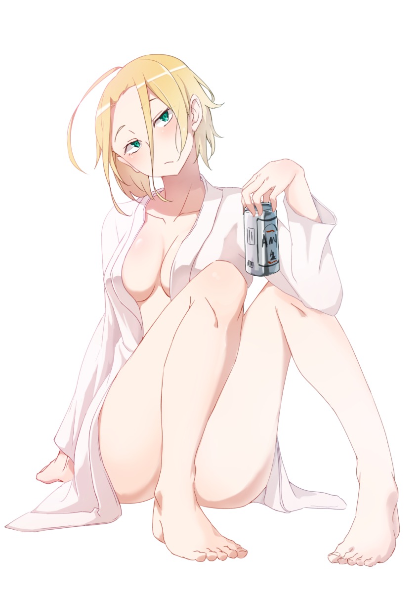 1girl, ahoge, barefoot, bathrobe, blonde_hair, breasts, can, cleavage