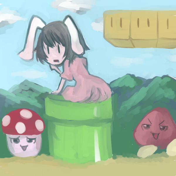 1girl, bad_id, bad_pixiv_id, female_focus, goomba, inaba_tewi, mario_(series), mushroom
