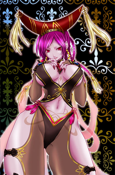 1girl, da_ji, da_ji_(musou_orochi), female_focus, hat, musou_orochi, musou_orochi_1, nail_polish, purple_hair, red_eyes, red_nails, solo