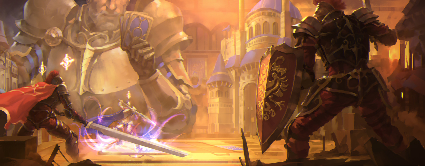 1boy, absurdres, armor, beard, card, castle, couter, diorama