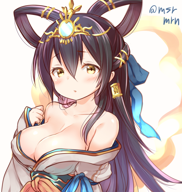 1girl, :o, bad_id, bad_pixiv_id, black_hair, blush, breasts, cleavage