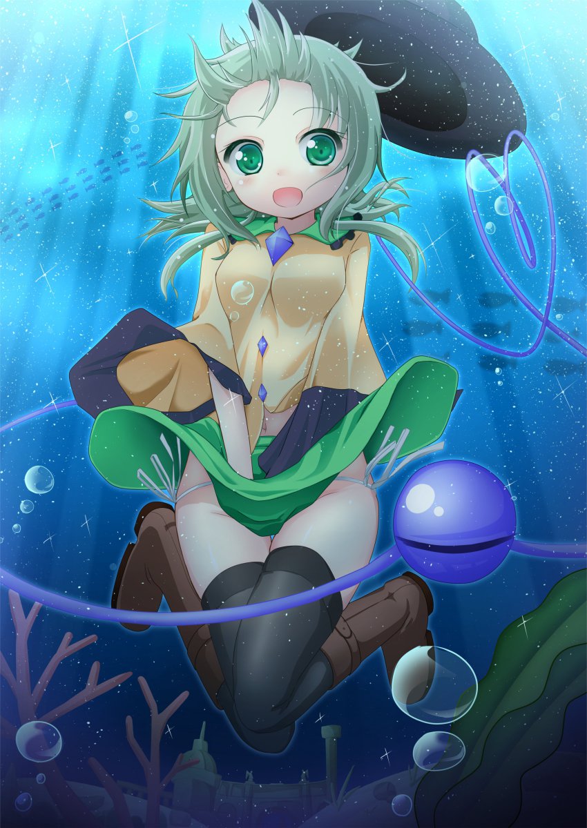 1girl, :d, absurdres, air_bubble, animal, black_hat, black_thighhighs, boots