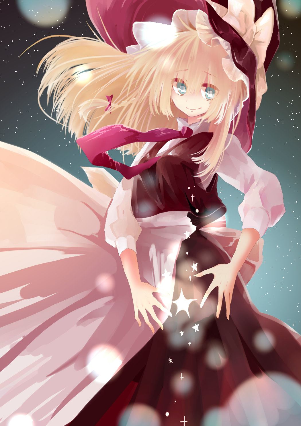1girl, apron, aqua_background, aqua_eyes, bad_id, bad_pixiv_id, black_vest, blonde_hair