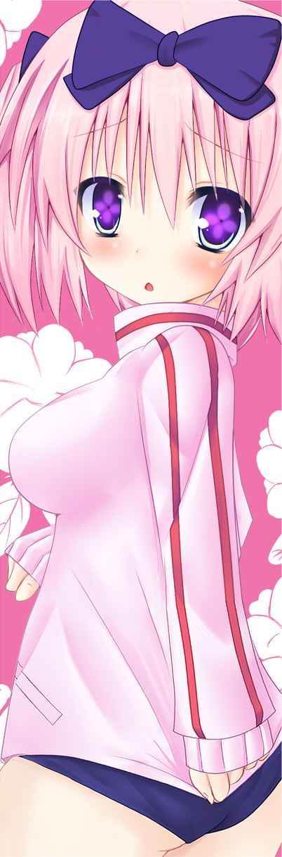 +_+, 10s, 1girl, blue_eyes, blush, bow, breasts, buruma, female_focus, hair_bow, hibari_(senran_kagura), highres, jacket, jyon1008, looking_at_viewer, open_mouth, pink_hair, senran_kagura, short_hair, short_twintails, solo, symbol-shaped_pupils, track_jacket, twintails