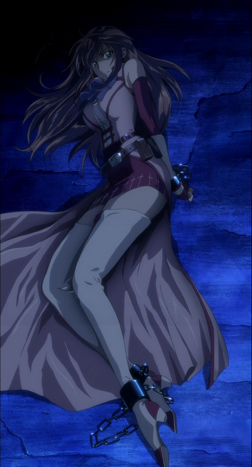 00s, 1girl, anime_screenshot, ankle_cuffs, arms_behind_back, bdsm, bondage, bound