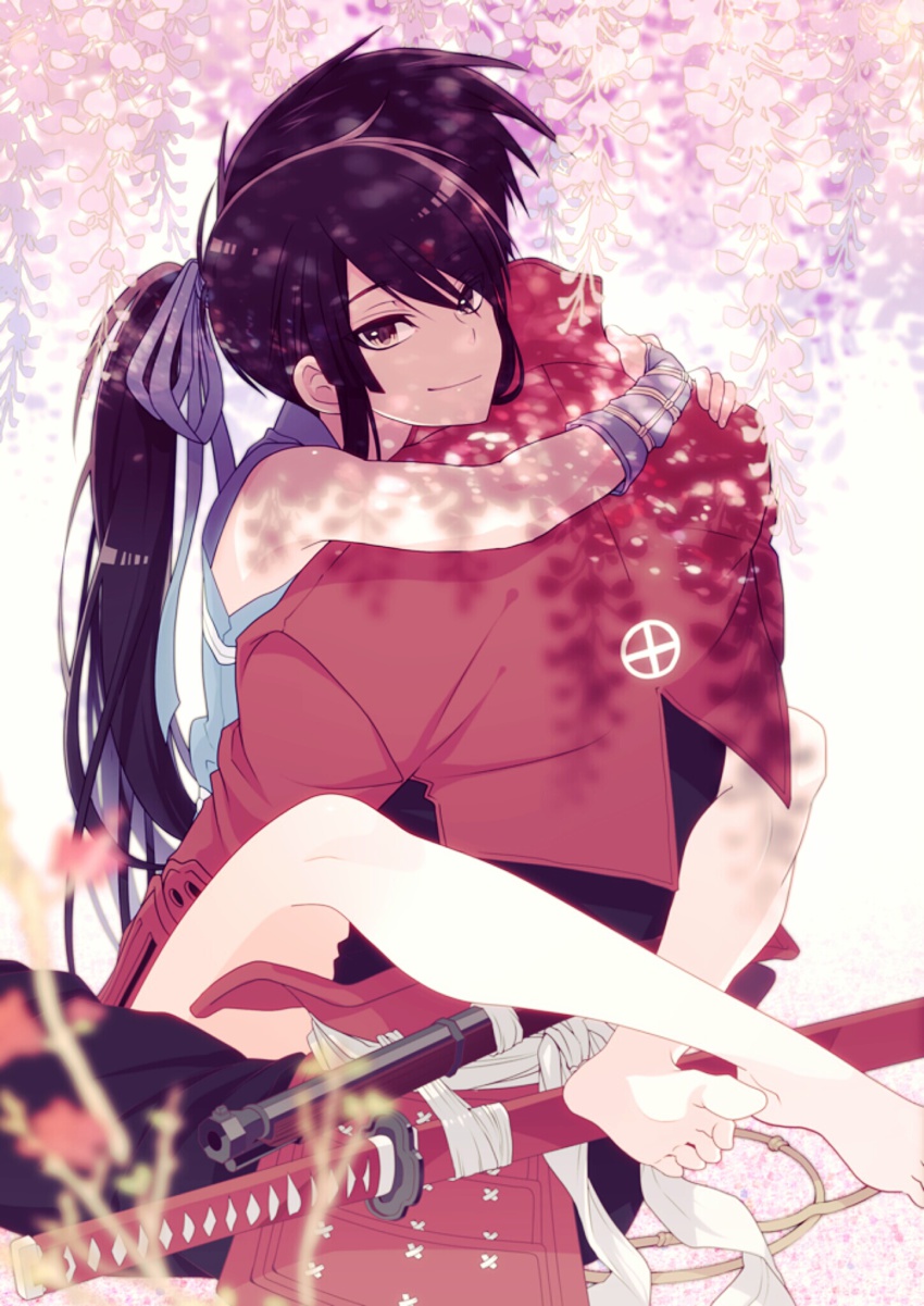 10s, 2boys, androgynous, bare_legs, bare_shoulders, barefoot, black_hair, crest, drifters, family_crest, feet, fujiwara_riyu, hair_ribbon, highres, hug, japanese_clothes, katana, knees, leg_lock, legs, long_hair, long_legs, male_focus, multiple_boys, nasu_no_yoichi_(drifters), ponytail, purple_eyes, purple_hair, ribbon, shimazu_toyohisa_(drifters), short_hair, smile, soles, straddling, sword, toes, trap, weapon, yaoi
