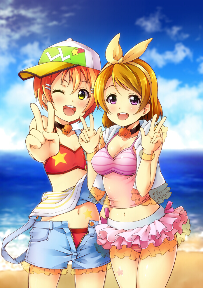 10s, 2girls, :d, ;d, bare_arms, bare_shoulders, baseball_cap, beach
