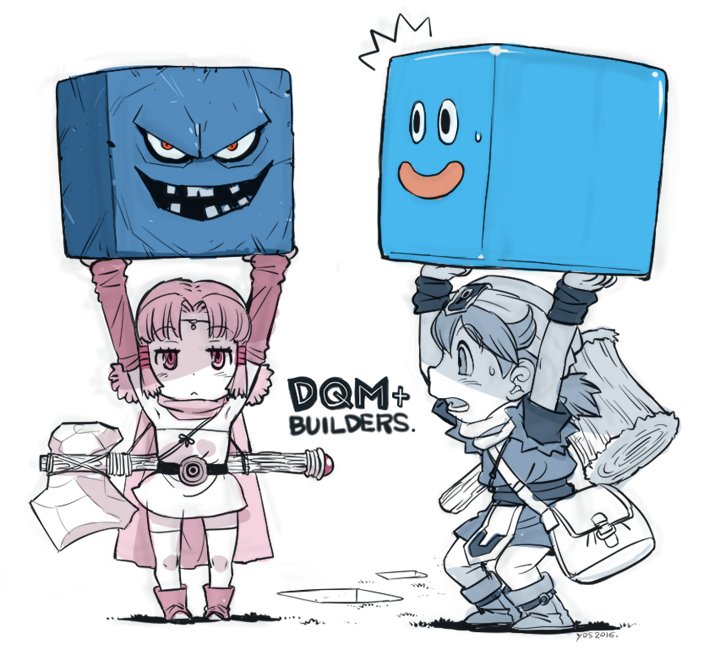 1boy, 1girl, :<, ^^^, ankle_boots, axe, bag, block_(object), boots, cape, carrying, circlet, copyright_name, cube, dqm, dragon_quest, dragon_quest_builders, dragon_quest_monsters, dragon_quest_monsters_plus, dress, full_body, hammer, hero_(dqb), jitome, male_builder_(dqb), marumo, messenger_bag, partially_colored, rockbomb, shoulder_bag, simple_background, slime_(dragon_quest), standing, strapless, strapless_dress, sweatdrop, twintails, weapon, white_background, yoshizaki_mine