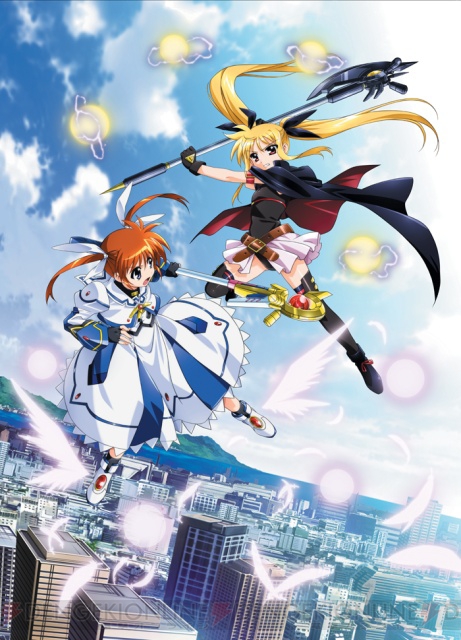 10s, 2girls, bardiche_(axe_form)_(nanoha), bardiche_(nanoha), battle, blonde_hair, city, cloud