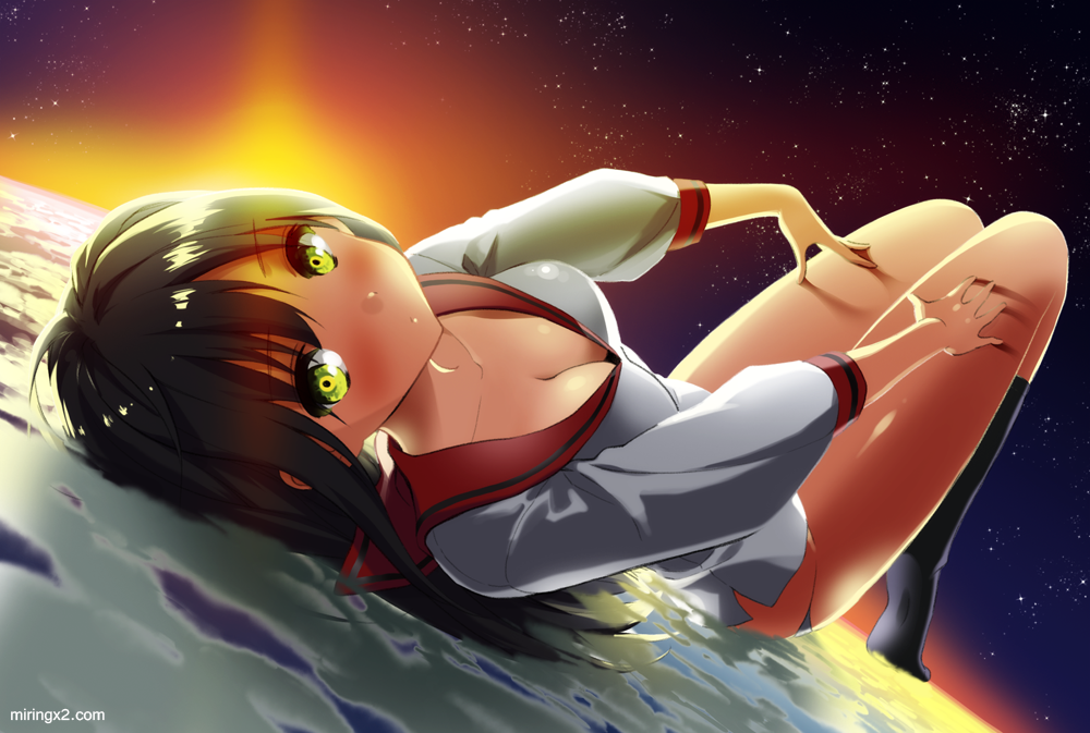 1girl, artist_name, black_hair, black_socks, blue_panties, breasts, cleavage, downblouse