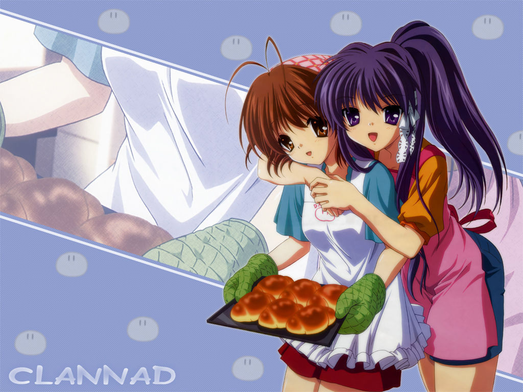 00s, apron, bread, brown_eyes, brown_hair, casual, clannad, dango, dango_daikazoku, food, fujibayashi_kyou, furukawa_nagisa, hug, ikeda_kazumi, long_hair, oven_mitts, ponytail, pot_holders, purple_eyes, purple_hair, tray, wagashi