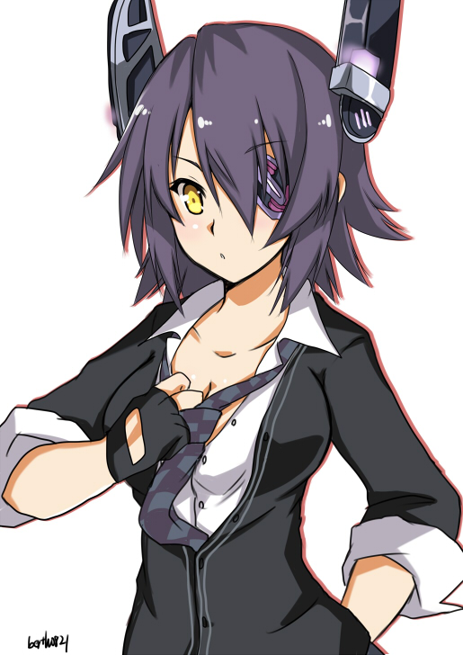 10s, 1girl, black_hair, eyepatch, female_focus, fingerless_gloves, gloves, headgear, hinase_(jet_hearts), kantai_collection, necktie, partially_fingerless_gloves, short_hair, solo, tenryuu_(kancolle), yellow_eyes