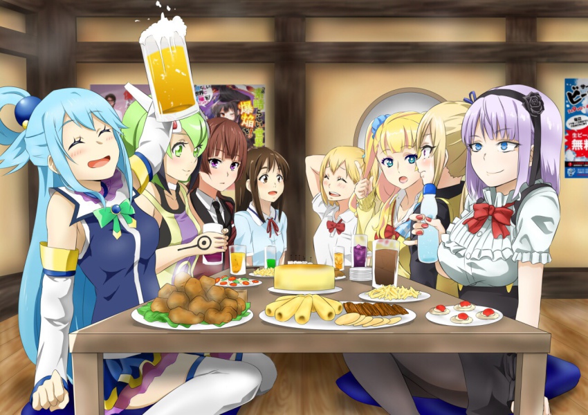 10s, 6+girls, :d, ^_^, active_raid, alcohol, aqua_(konosuba), bar_(place), beer, beer_mug, black_skirt, blonde_hair, blue_eyes, blue_hair, blunt_bangs, blush, boku_dake_ga_inai_machi, bottle, bow, bowtie, breasts, brown_eyes, brown_hair, closed_eyes, closed_mouth, crossover, cup, daauchi, dagashi_kashi, dimension_w, eating, foam, food, frills, galko, green_eyes, green_hair, haikyuu!!, hair_rings, hairband, high-waist_skirt, indoors, katagiri_airi, kawakami_mai, kazari_asami, kono_subarashii_sekai_ni_shukufuku_wo!, large_breasts, leaf, looking_at_viewer, md5_mismatch, meat, mug, multiple_crossover, multiple_girls, musaigen_no_phantom_world, nail_polish, open_mouth, oshiete!_galko-chan, pantyhose, plate, poster_(object), puffy_short_sleeves, puffy_sleeves, purple_eyes, red_bow, red_bowtie, season_connection, shidare_hotaru, short_sleeves, single_hair_ring, sitting, skirt, smile, source_request, table, underbust, water_bottle, yachi_hitoka, yurizaki_mira