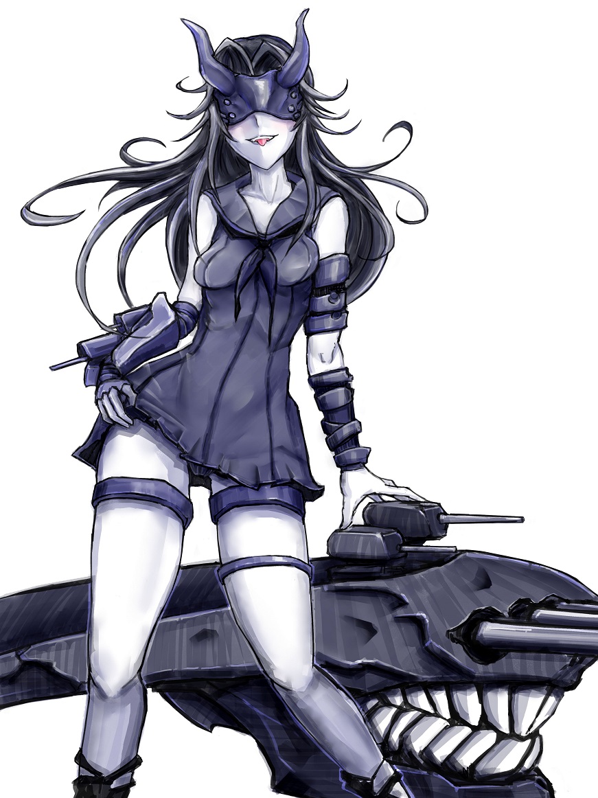 10s, 1girl, abyssal_ship, blue_dress, breasts, dress, female_focus, hand_on_own_hip