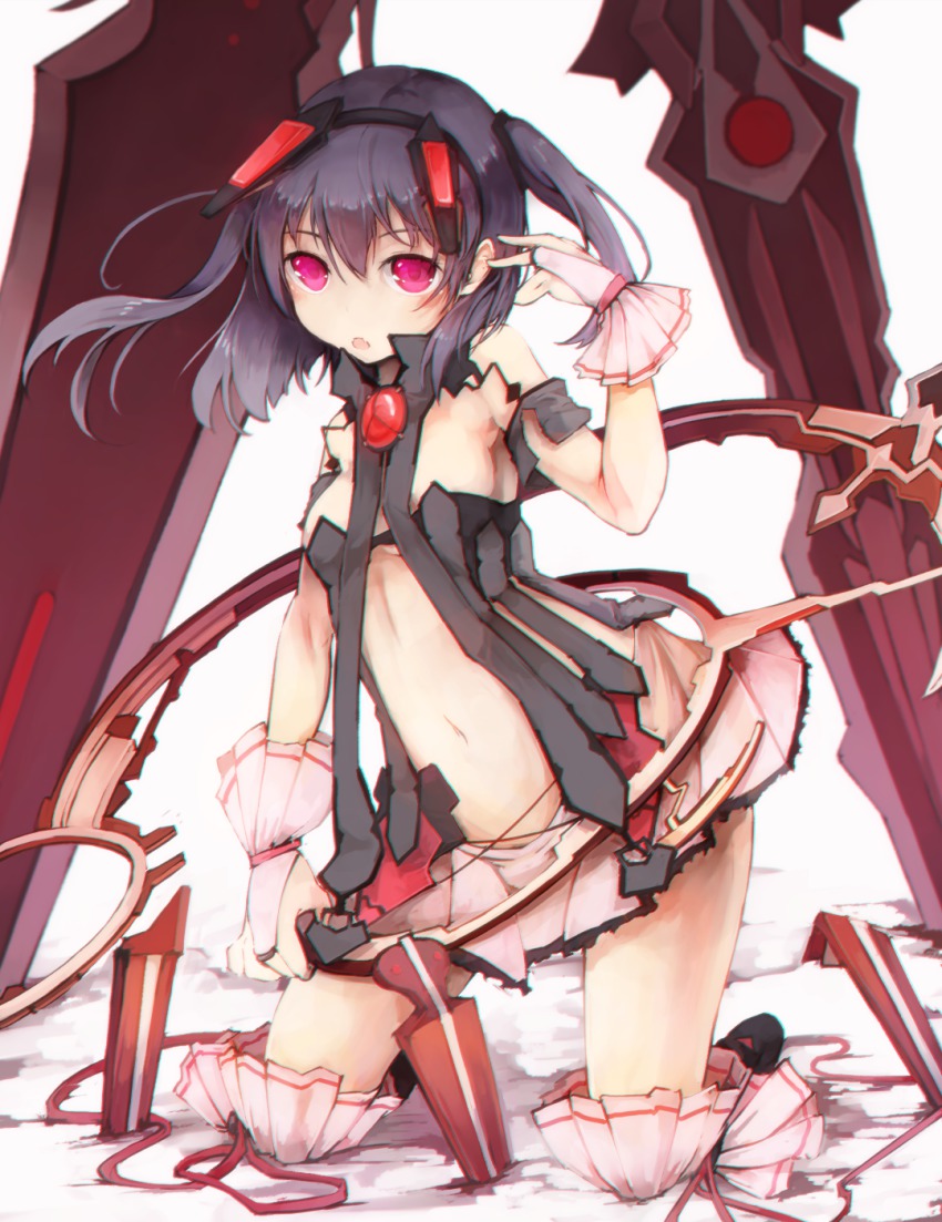 1girl, black_hair, breasts, center_opening, female_focus, headgear, highres, kai-ri-sei_million_arthur, kajaneko, looking_at_viewer, million_arthur_(series), navel, pharsalia, pink_eyes, red_eyes, short_hair, small_breasts, solo, twintails