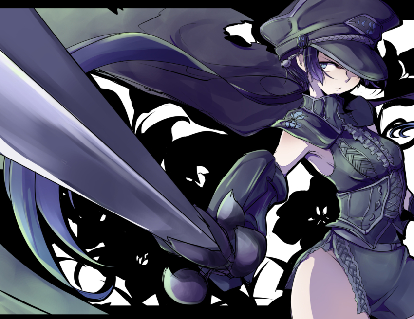 1girl, black_hair, black_hat, black_lily_(flower_knight_girl), black_skirt, blue_eyes, cowboy_shot, female_focus