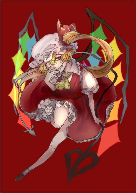 1girl, ascot, asymmetrical_hair, azanaya_nie, bad_id, bad_pixiv_id, blonde_hair, clenched_teeth, crazy, crazy_eyes, female_focus, flandre_scarlet, frilled_skirt, frills, full_body, grin, hair_between_eyes, hair_ribbon, hat, laevatein, leg_up, long_hair, mob_cap, red_background, red_ribbon, red_skirt, ribbon, side_ponytail, simple_background, skirt, skirt_set, smile, solo, teeth, touhou, very_long_hair, white_hat, wings