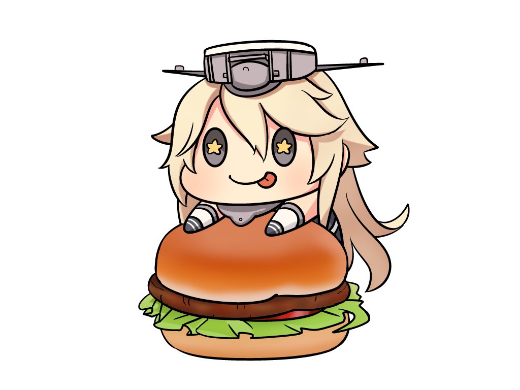 +_+, 10s, 1girl, :p, blonde_hair, burger, chibi, female_focus, food, grey_eyes, iowa_(kancolle), kagami_kino, kantai_collection, long_hair, simple_background, solo, star-shaped_pupils, star_(symbol), symbol-shaped_pupils, tongue, tongue_out, white_background