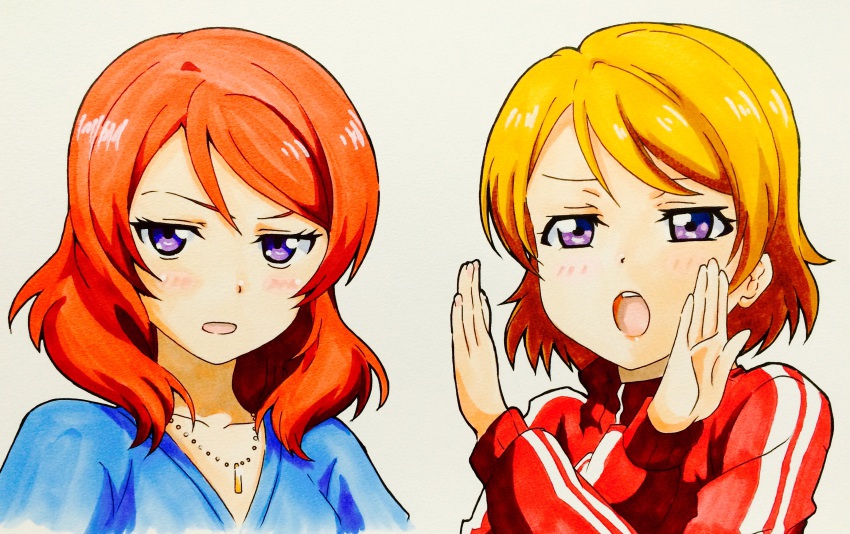10s, 2girls, binoring, brown_hair, highres, jacket, jewelry, koizumi_hanayo, love_live!, love_live!_school_idol_project, marker_(medium), multiple_girls, necklace, nishikino_maki, open_mouth, purple_eyes, red_hair, short_hair, track_jacket, traditional_media
