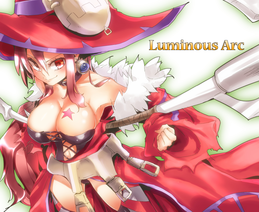 1girl, bare_shoulders, breasts, choker, cleavage, copyright_name, corset, detached_sleeves