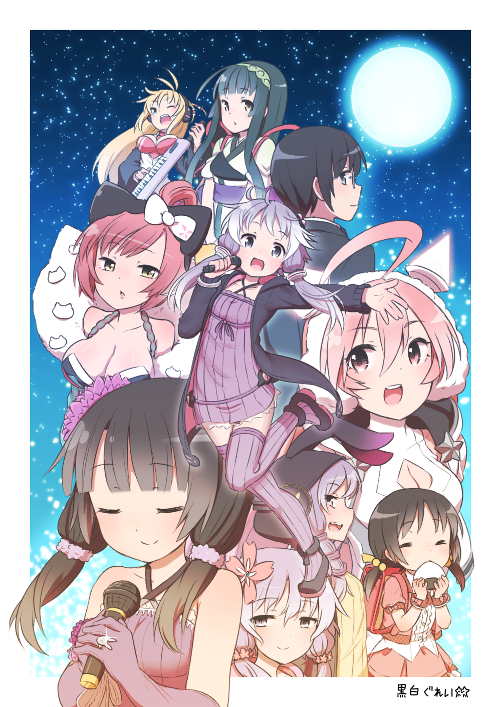 1boy, 6+girls, ahoge, antenna_hair, back, backpack, bag, bare_shoulders