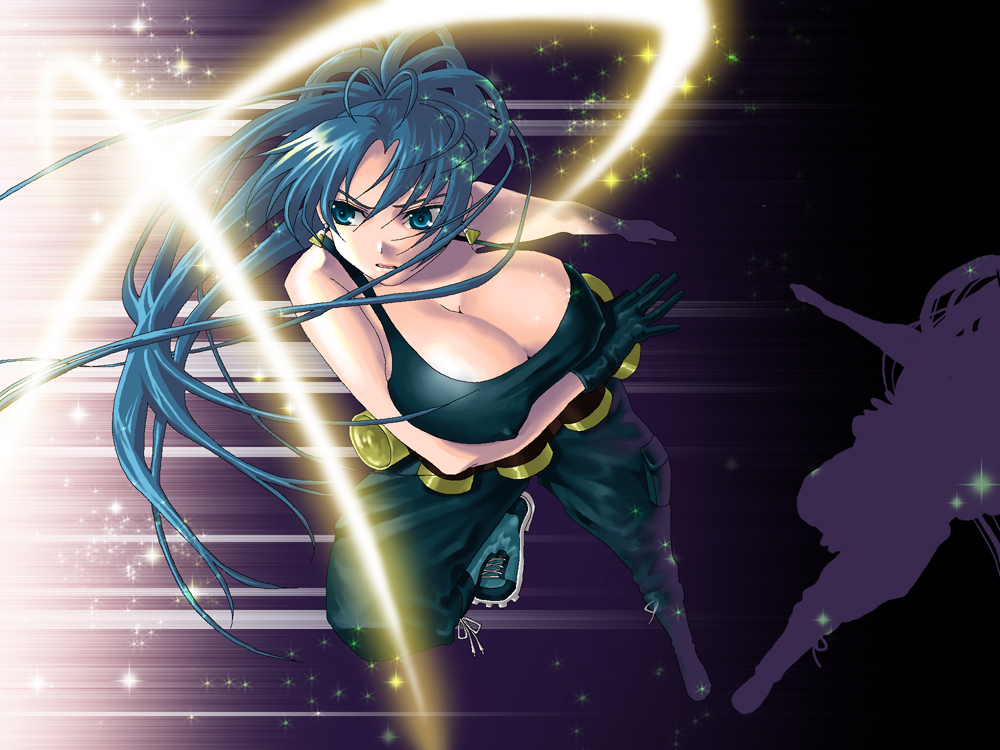 1girl, blue_eyes, blue_hair, boots, breasts, cleavage, covered_erect_nipples, crop_top, earrings, female_focus, gloves, jewelry, large_breasts, leona_heidern, long_hair, matching_hair/eyes, midriff, navel, pants, ponytail, sakura_mafumi, snk, solo, tank_top, the_king_of_fighters