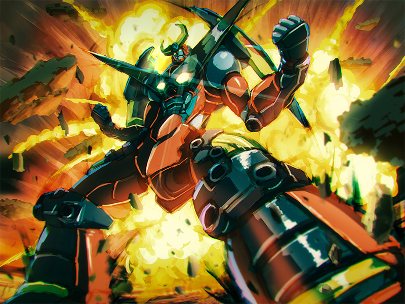 00s, clenched_hands, explosion, foreshortening, glowing, glowing_eyes, gurren-lagann, mecha